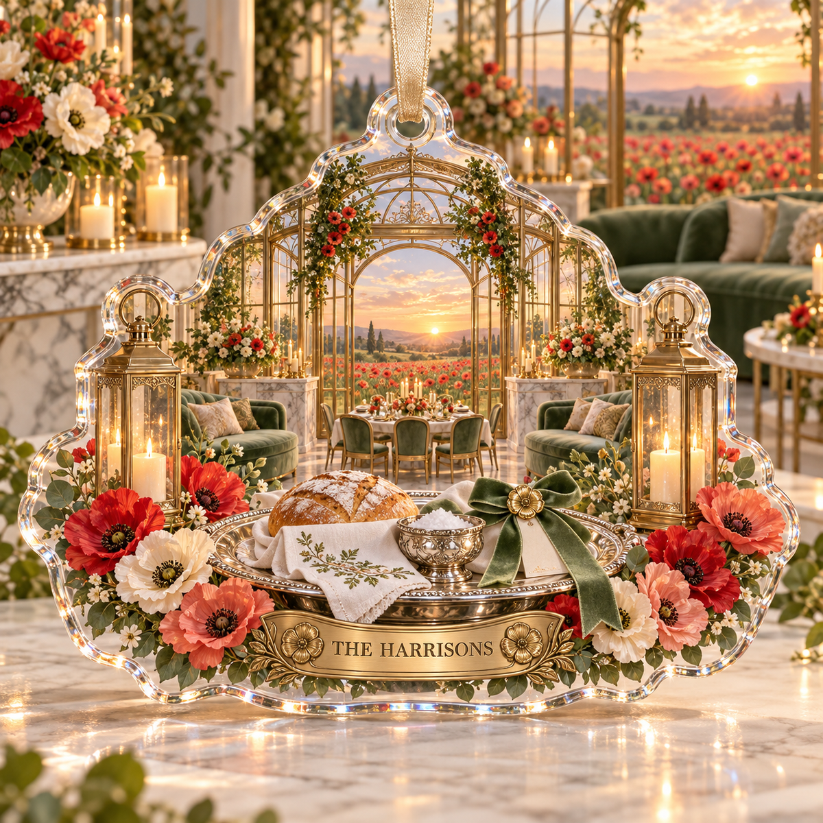 One christmas ornament with a continuous poppy gracious welcome pavilion, ruby, coral, blush and cream blooms, silver serveware, champagne-brass arches, sage seating, candlelit table, glass pavilion and sunset meadow.