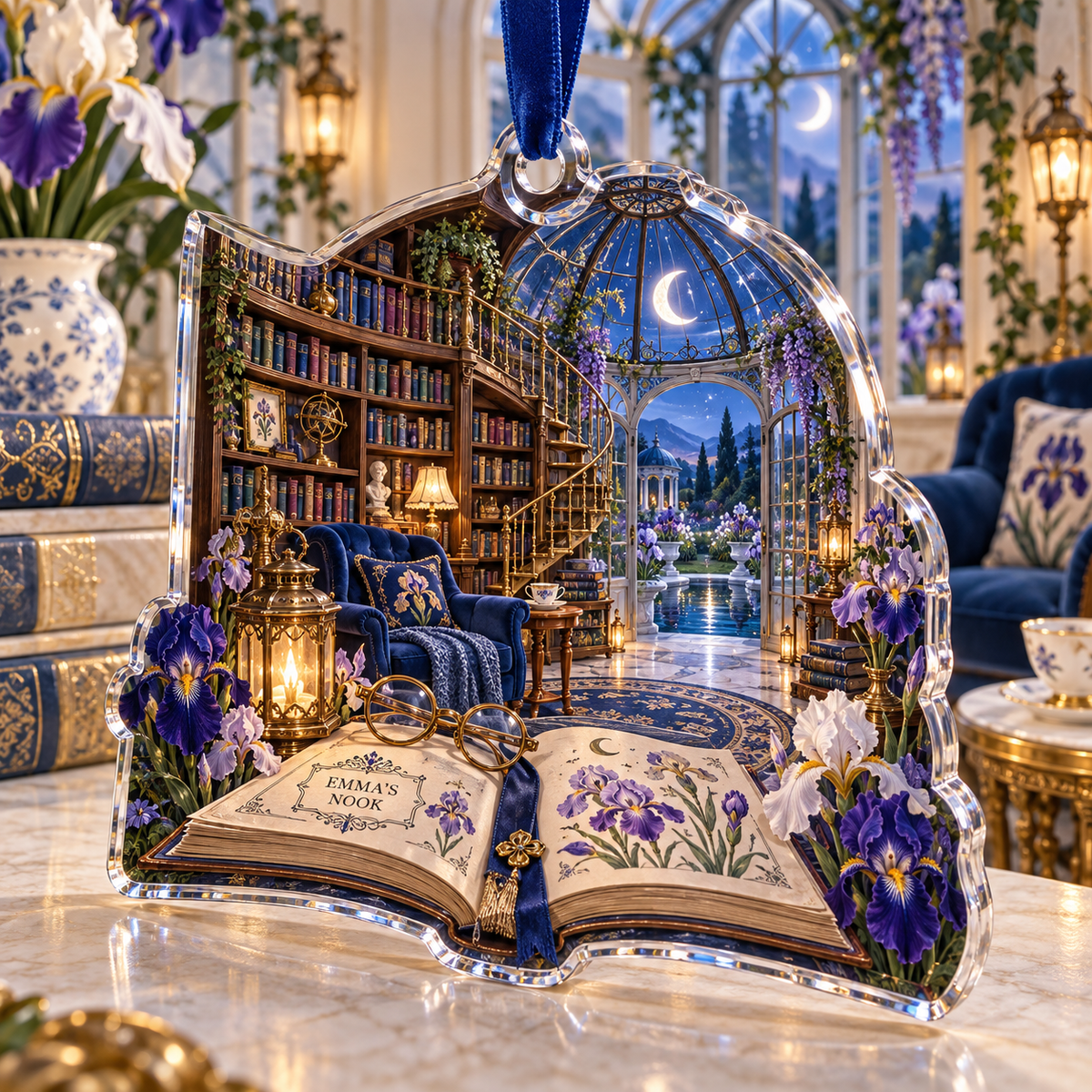 One christmas ornament with a continuous iris moonlit story conservatory, violet, indigo, lavender and pearl blooms, antique books, brass spectacles, lanterns, walnut shelves, sapphire seating, glass conservatory and reflecting garden.