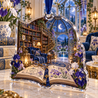 One christmas ornament with a continuous iris moonlit story conservatory, violet, indigo, lavender and pearl blooms, antique books, brass spectacles, lanterns, walnut shelves, sapphire seating, glass conservatory and reflecting garden.