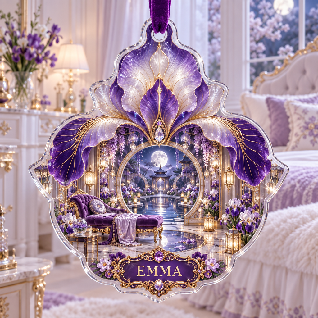 One christmas ornament with a continuous iris celestial mirror palace, royal violet, amethyst, indigo and pearl blooms, faceted crystal lights, carved moon gates, mirrored arches, amethyst seating and reflecting garden.