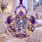One christmas ornament with a continuous iris celestial mirror palace, royal violet, amethyst, indigo and pearl blooms, faceted crystal lights, carved moon gates, mirrored arches, amethyst seating and reflecting garden.
