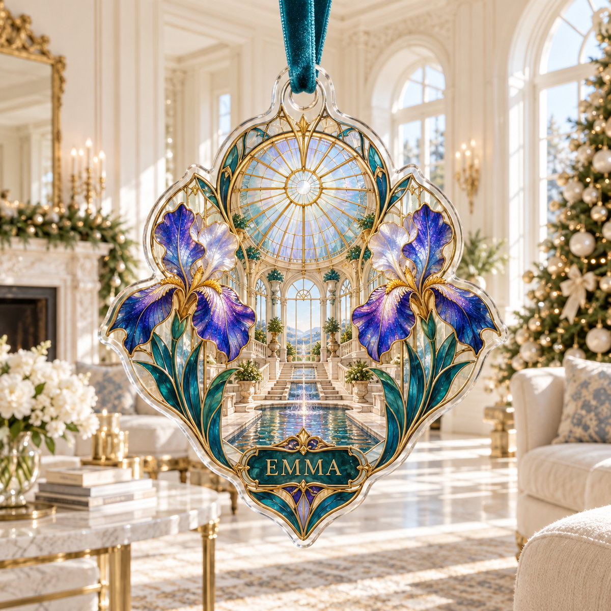 One christmas ornament with a continuous iris Grand Prism Atrium, violet, cobalt and pearl blooms, peacock-teal leaves, amber-gold glass leading, limestone terraces, reflecting water and sunlit oculus.