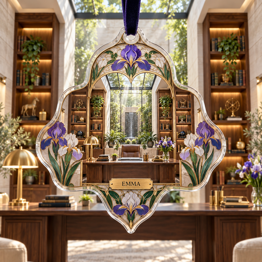 One christmas ornament with a continuous iris executive lightwell studio, violet, cobalt and pearl blooms, walnut shelves, pale limestone, centered desk, brass task lamps, books, greenery and skylit garden.