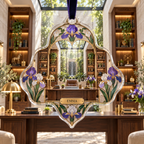One christmas ornament with a continuous iris executive lightwell studio, violet, cobalt and pearl blooms, walnut shelves, pale limestone, centered desk, brass task lamps, books, greenery and skylit garden.