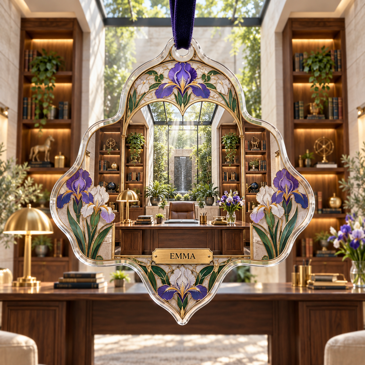 One christmas ornament with a continuous iris executive lightwell studio, violet, cobalt and pearl blooms, walnut shelves, pale limestone, centered desk, brass task lamps, books, greenery and skylit garden.