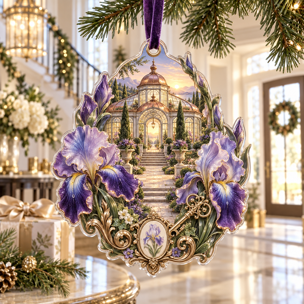 One christmas ornament with a continuous iris Heirloom Keyhouse Estate, violet, cobalt and pearl blooms, antique brass keys, limestone terraces, winding path and copper-roofed conservatory home.