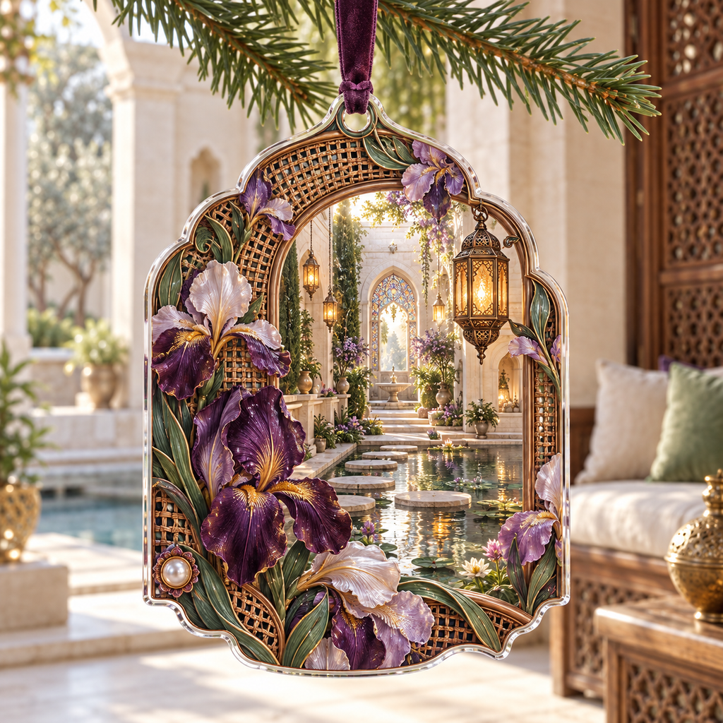 One christmas ornament with a continuous iris Whisperlight Courtyard Alcove, aubergine, smoky lilac and pearl blooms, woven arches, amber lanterns, pale stone niches, stepping stones and reflecting pool.