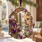 One christmas ornament with a continuous iris Whisperlight Courtyard Alcove, aubergine, smoky lilac and pearl blooms, woven arches, amber lanterns, pale stone niches, stepping stones and reflecting pool.