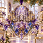 One christmas ornament with a continuous iris Celestial Curio Gallery, blown-glass amethyst, cobalt and opal blooms, crystal plinths, brass vitrines, spiral balconies and star-prism oculus.