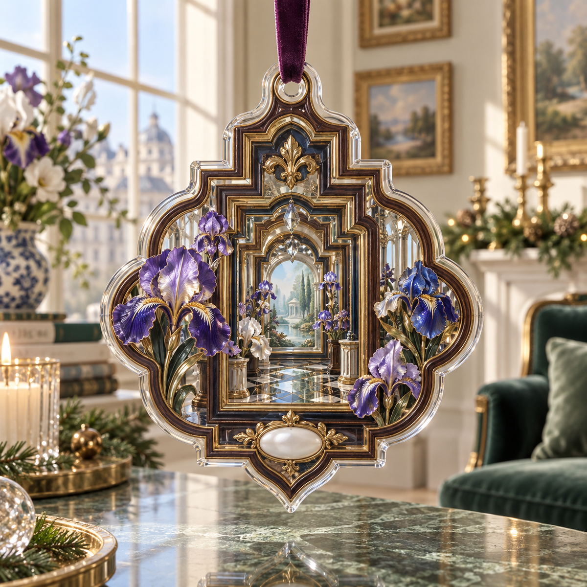 One christmas ornament with a continuous iris Floating Frame Atelier, nested brass, walnut and bronze frames, bevelled mirrors, sculptural violet blooms and a luminous sage-blue gallery portal.