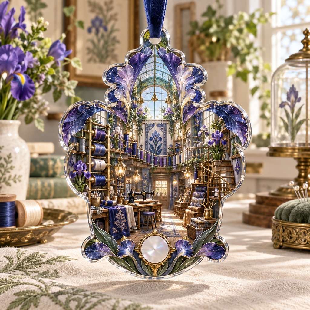 One christmas ornament with a continuous Iris Indigo Threadhouse, embroidered violet and pearl blooms, brass bobbin towers, thread bridges, sewing stations and a luminous glass-roof maker loft.