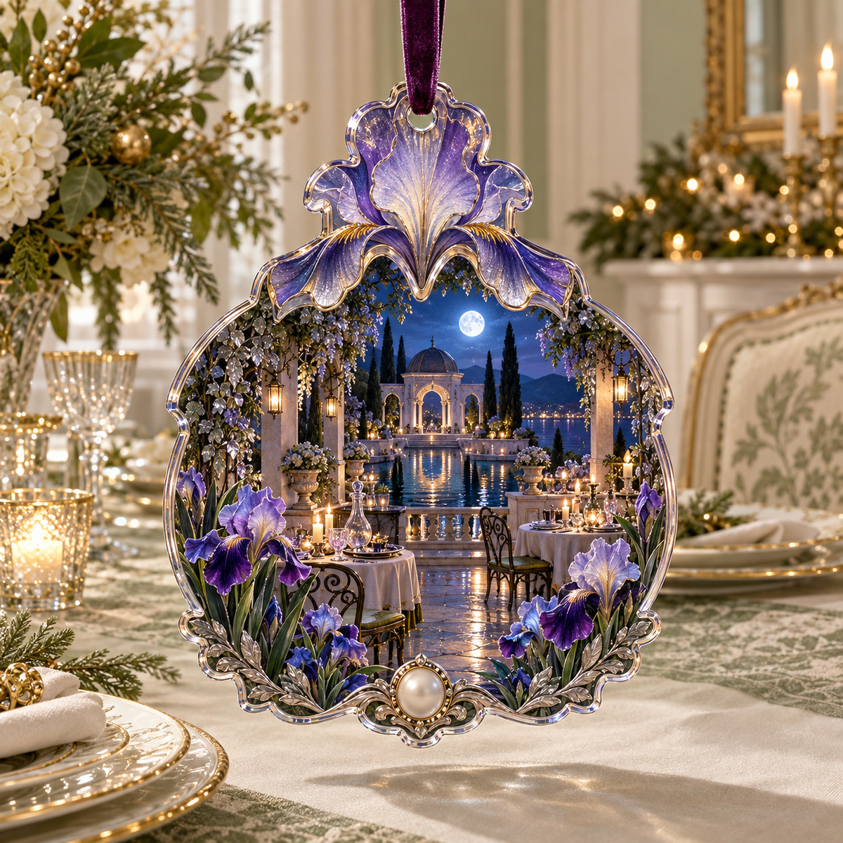 One christmas ornament with a continuous Iris Silverleaf Supper Terrace, violet and pearl blooms, silver trellises, serving trays, candlelit tables and a moonlit lakeside pavilion.
