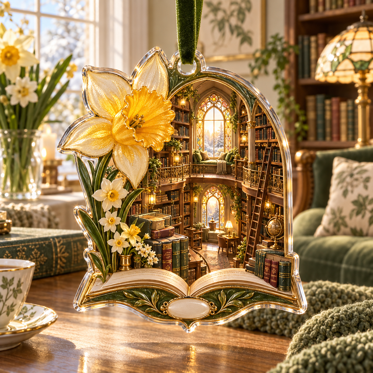 One christmas ornament with a continuous Daffodil Golden Chapter Loft, golden daffodils, cream jonquils, leather-bound books, folio bridges, brass ladders and amber library arches.