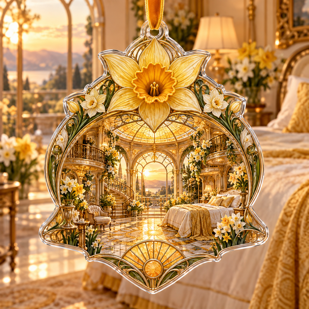 One christmas ornament with a continuous Daffodil Sunvault Canopy Manor, golden daffodils, cream jonquils, brass balconies, sunburst mosaics and an amber glass canopy.