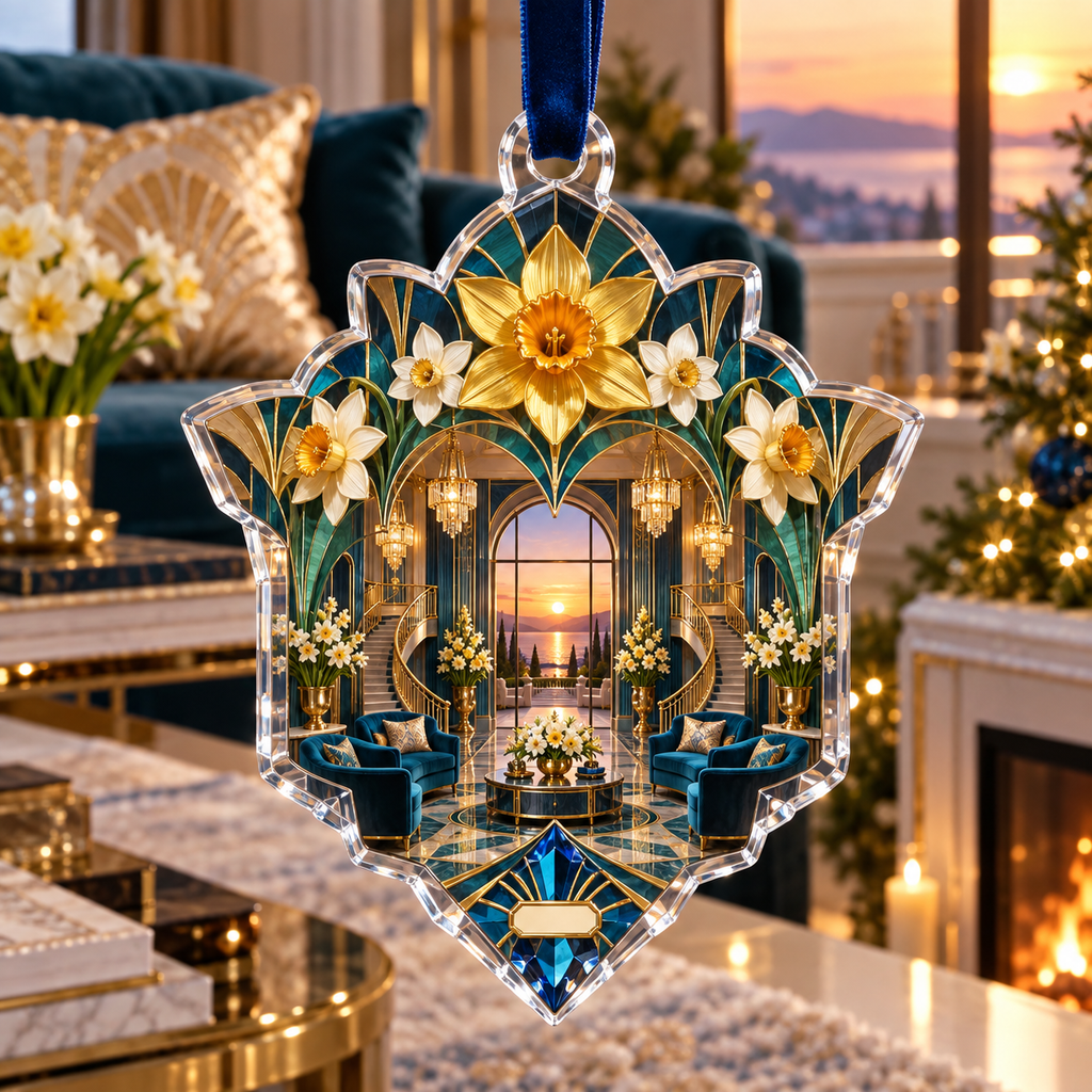 One christmas ornament with a continuous Daffodil Azure Crown Salon, golden daffodils, cream jonquils, sapphire arches, mirrored stairs and a sunset gallery.