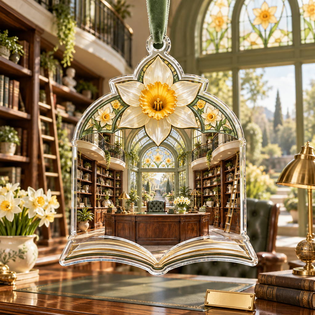 One christmas ornament with a continuous Daffodil Sageglass Executive Atrium, golden daffodils, sage shelves, walnut desk, brass lamps and sunlit garden depth.