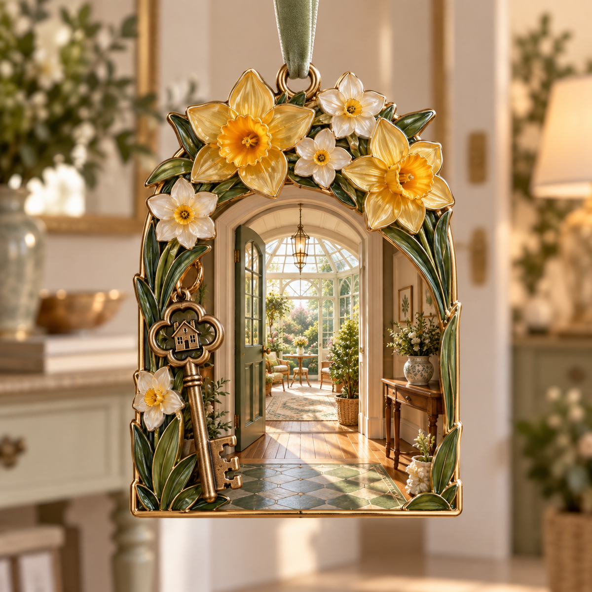 One christmas ornament with a continuous Daffodil Hearthkey Conservatory, golden daffodils, brass keys, sage tile, oak foyer and sunlit new-home depth.