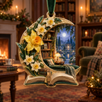 One christmas ornament with a continuous Daffodil Moonwell Reading Alcove, golden flowers, moss velvet, aged books, amber lamp and moonlit garden depth.