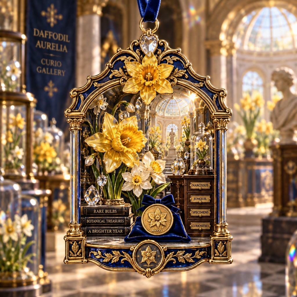 One christmas ornament with a continuous Daffodil Aurelia Curio Gallery, golden flowers, cobalt velvet, crystal vitrines, brass frames and luminous rotunda depth.