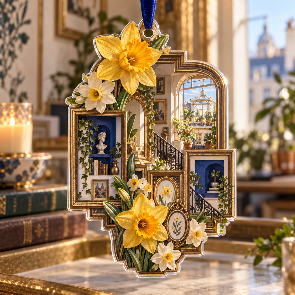 One christmas ornament with a continuous Daffodil Lumenframe Apartment Salon, golden flowers, mixed brass frames, terracotta alcoves and sunlit apartment depth.