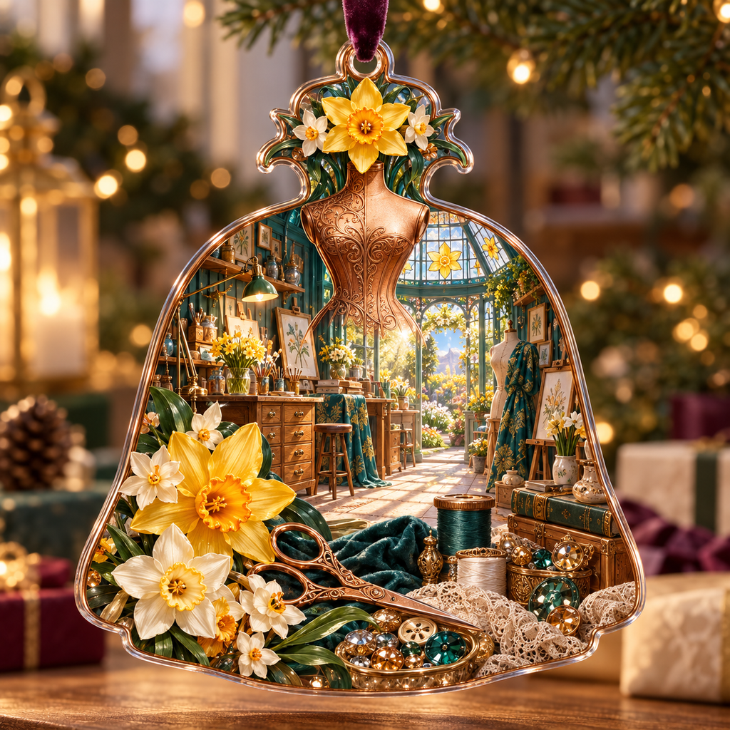 One christmas ornament with a continuous Daffodil Makerlight Atelier, golden flowers, copper tools, peacock-teal workstations and sunlit atelier depth.
