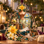 One christmas ornament with a continuous Daffodil Makerlight Atelier, golden flowers, copper tools, peacock-teal workstations and sunlit atelier depth.
