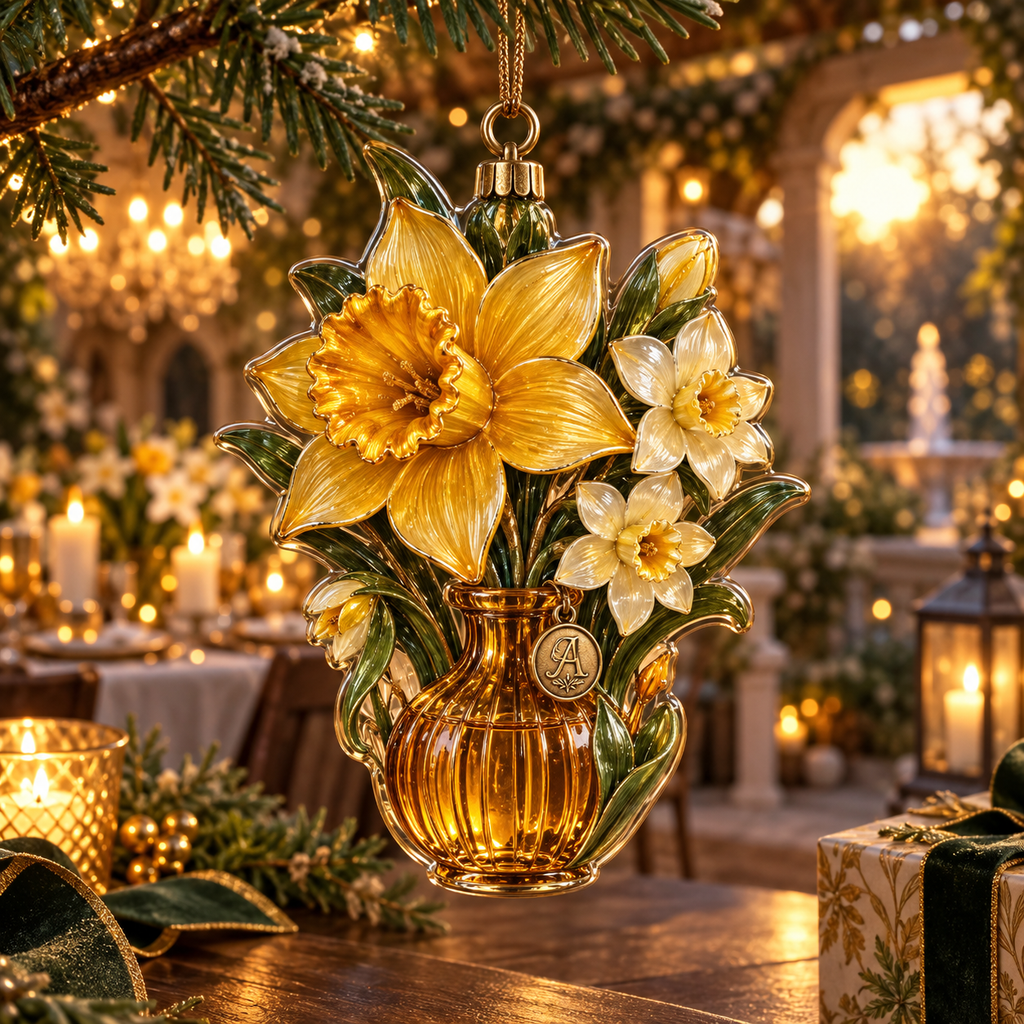 One christmas ornament with a continuous Daffodil Amberglass Welcome Supper, golden flowers, amber glass, brass accents and candlelit garden depth.