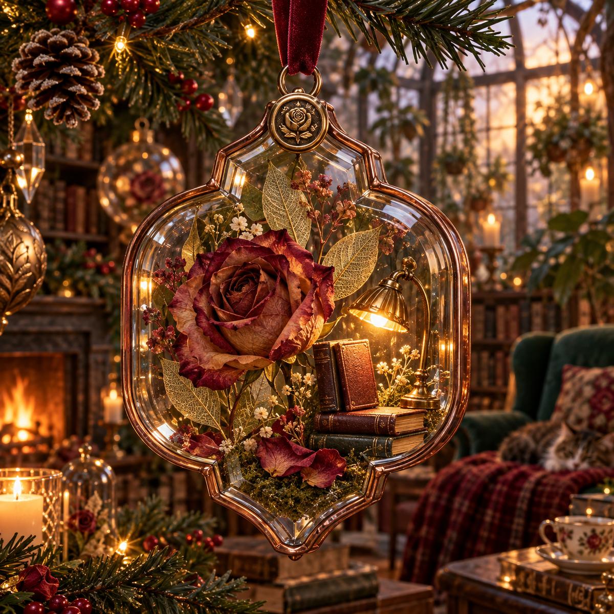 One christmas ornament with a continuous Rose Glassleaf Reading Conservatory, pressed roses, copper herbarium glass, leather books and amber library depth.