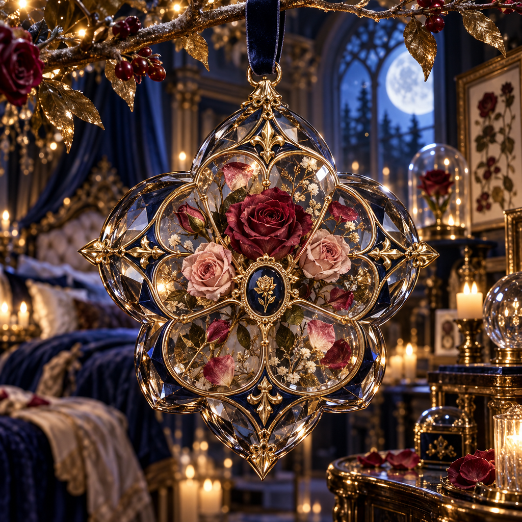 One christmas ornament with a continuous Rose Nocturne Specimen Gallery, pressed roses, gilded glass, indigo velvet and moonlit bedroom depth.