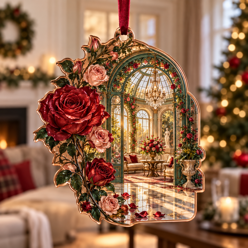 One christmas ornament with a continuous Rose Solarium Grand Salon, pressed roses, gilded glass, indigo velvet and sunlit grand-salon depth.