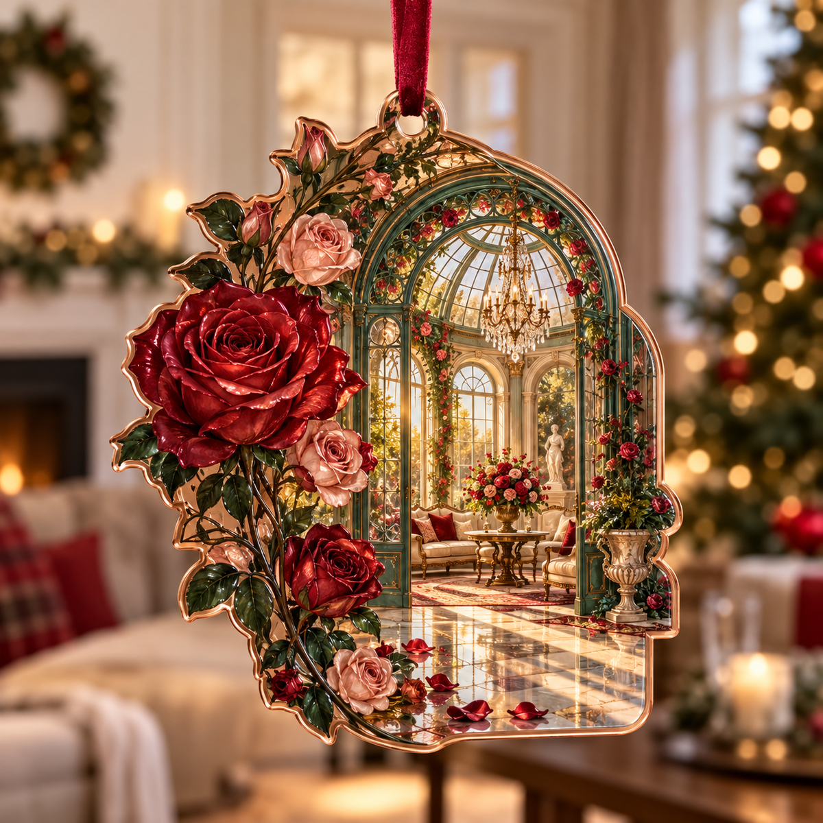One christmas ornament with a continuous Rose Solarium Grand Salon, pressed roses, gilded glass, indigo velvet and sunlit grand-salon depth.
