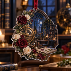 One christmas ornament with a continuous Rose Archivist Observatory, pressed roses, gilded glass, indigo velvet and celestial observatory-office depth.