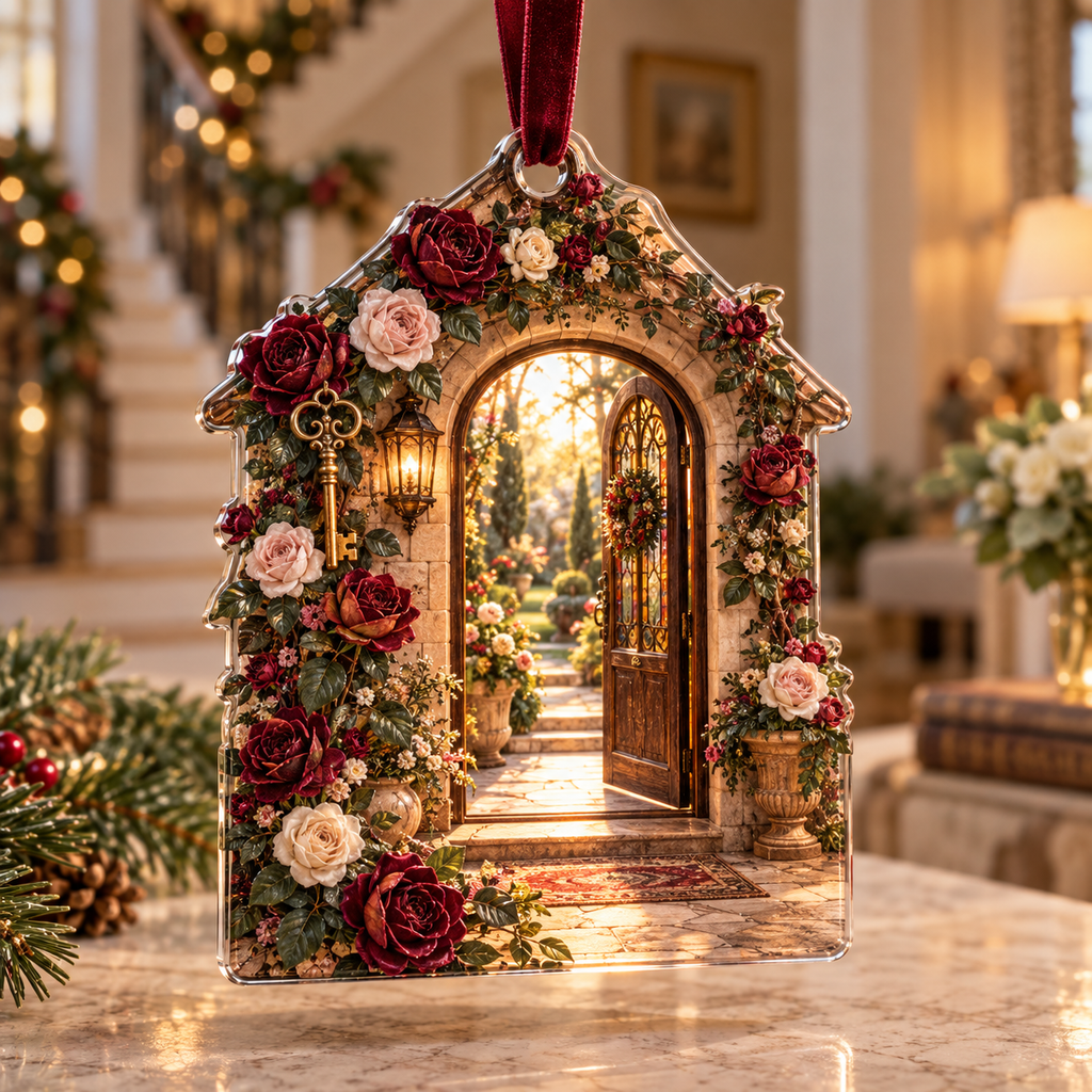 One christmas ornament with a continuous Rose Hearthglass Welcome House, pressed roses, gilded glass, indigo velvet and luminous garden-foyer depth.