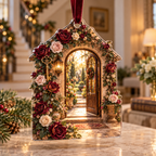 One christmas ornament with a continuous Rose Hearthglass Welcome House, pressed roses, gilded glass, indigo velvet and luminous garden-foyer depth.