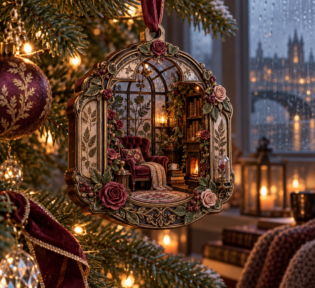 One christmas ornament with an original Rose Embernook Conservatory, dimensional roses, botanical glass and candlelit quiet-corner depth.