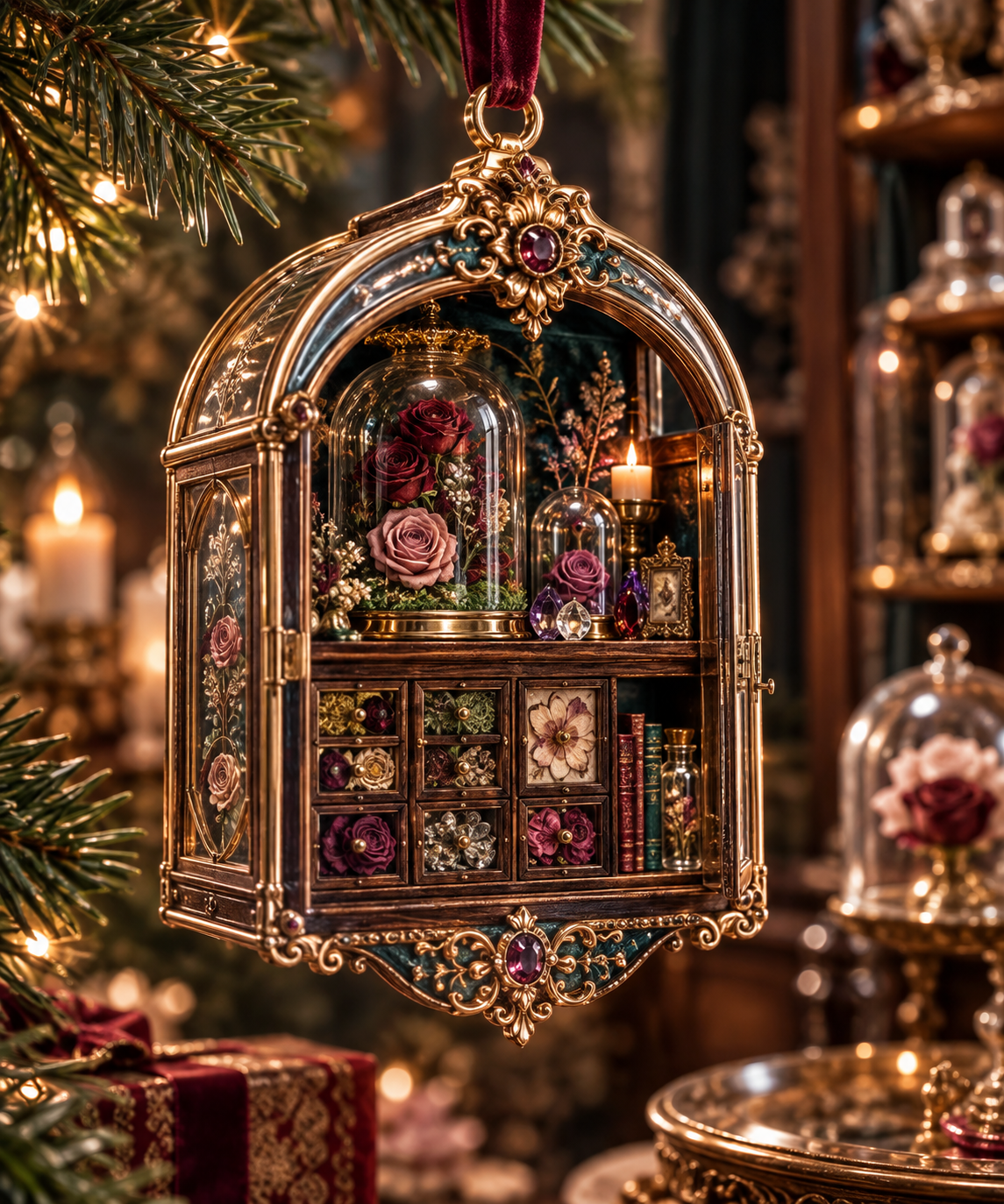 One christmas ornament with an original Rose Curator Birthday Cabinet, dimensional roses, botanical glass and candlelit quiet-corner depth.