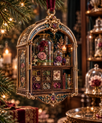 One christmas ornament with an original Rose Curator Birthday Cabinet, dimensional roses, botanical glass and candlelit quiet-corner depth.
