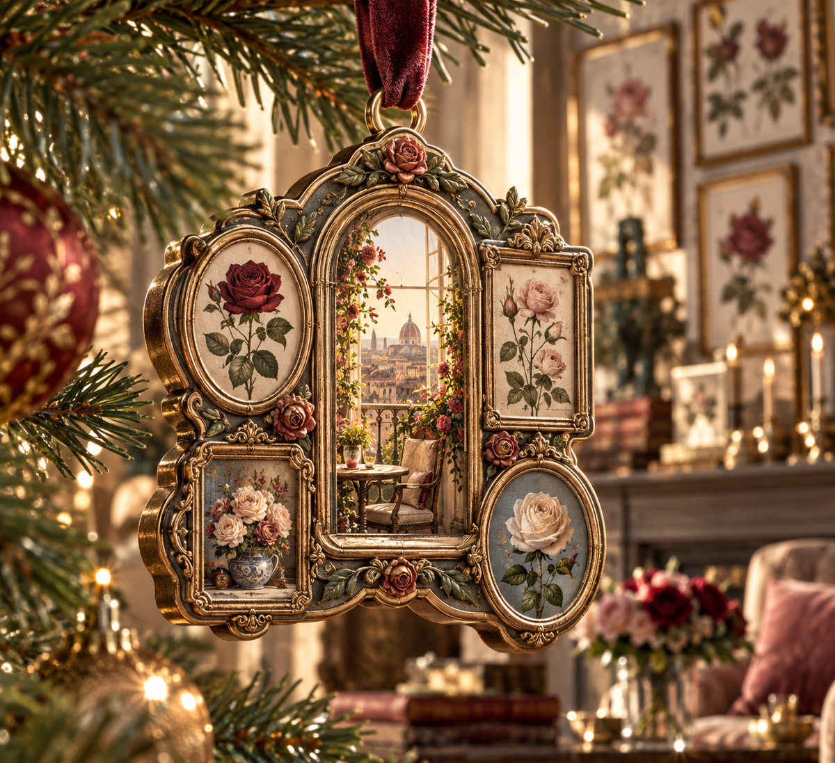 One christmas ornament with an original Rose Salon Wallscape, dimensional roses, botanical glass and candlelit quiet-corner depth.