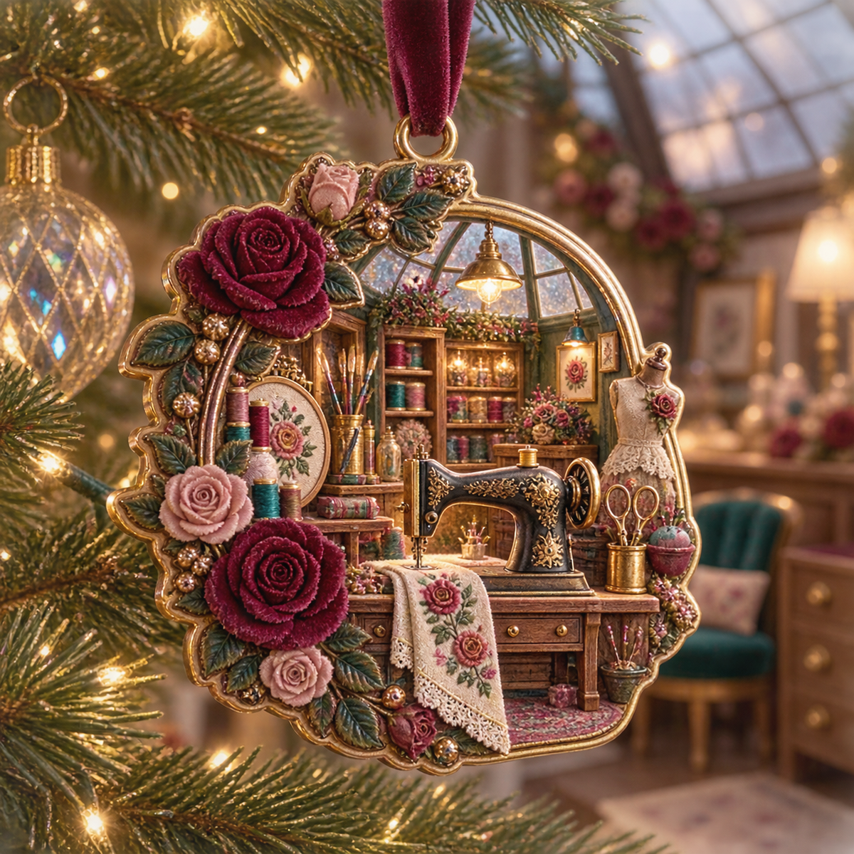 One christmas ornament with an original Rose Atelier Identity, dimensional roses, sewing tools and sunlit atelier depth.