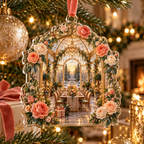 One christmas ornament with an original Rose Gratitude Conservatory, dimensional roses, crystal and sunlit conservatory depth.