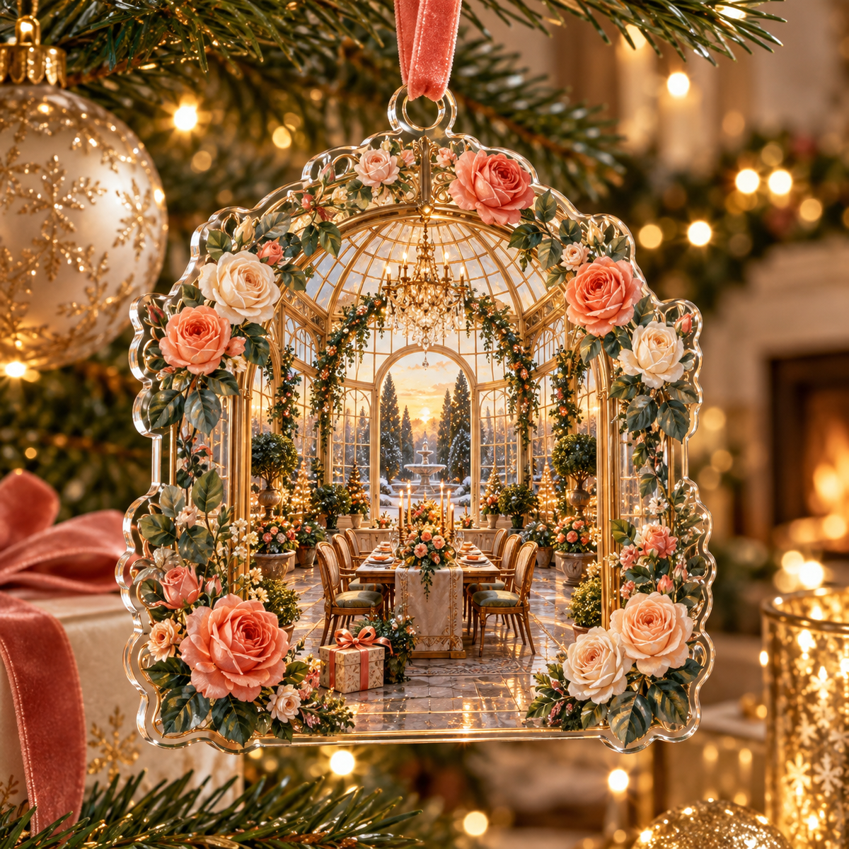 One christmas ornament with an original Rose Gratitude Conservatory, dimensional roses, crystal and sunlit conservatory depth.