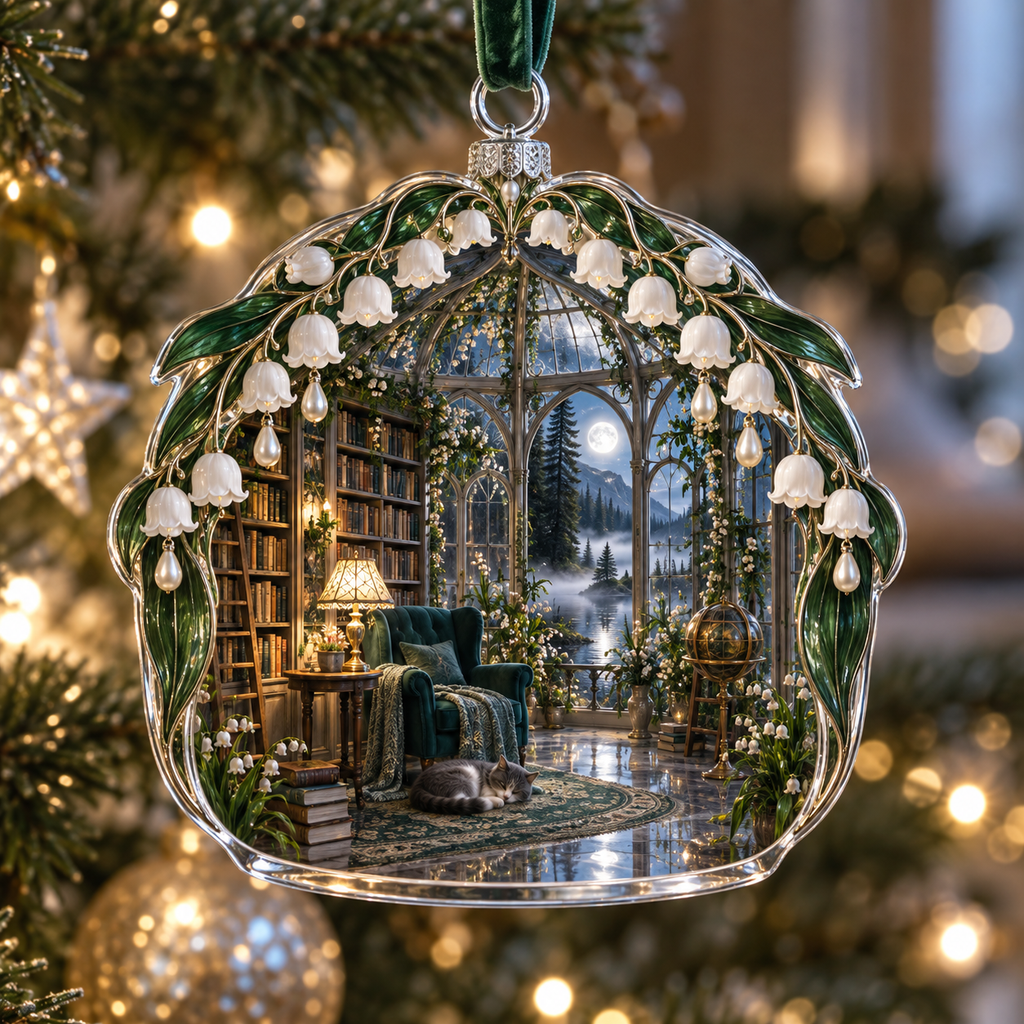 One christmas ornament with an original Moonbell Reading Conservatory, dimensional moonbells, silver glass and moonlit library depth.