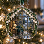 One christmas ornament with an original Moonbell Reading Conservatory, dimensional moonbells, silver glass and moonlit library depth.