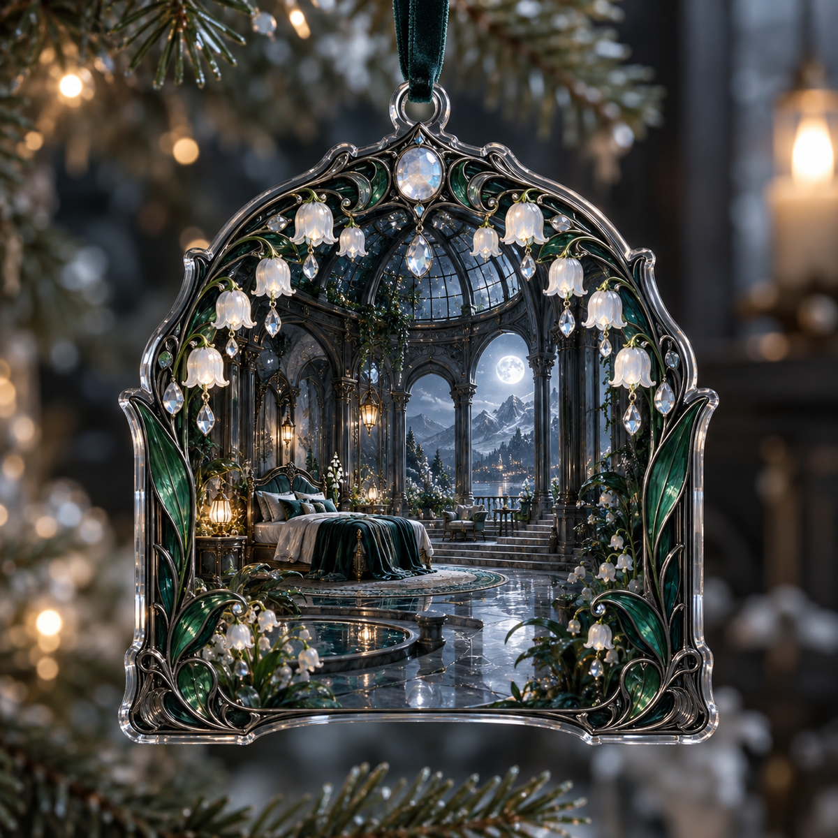 One christmas ornament with an original Emerald Moonbell Grand Chamber, dimensional moonbells, smoky glass and moonlit grand-bedroom depth.