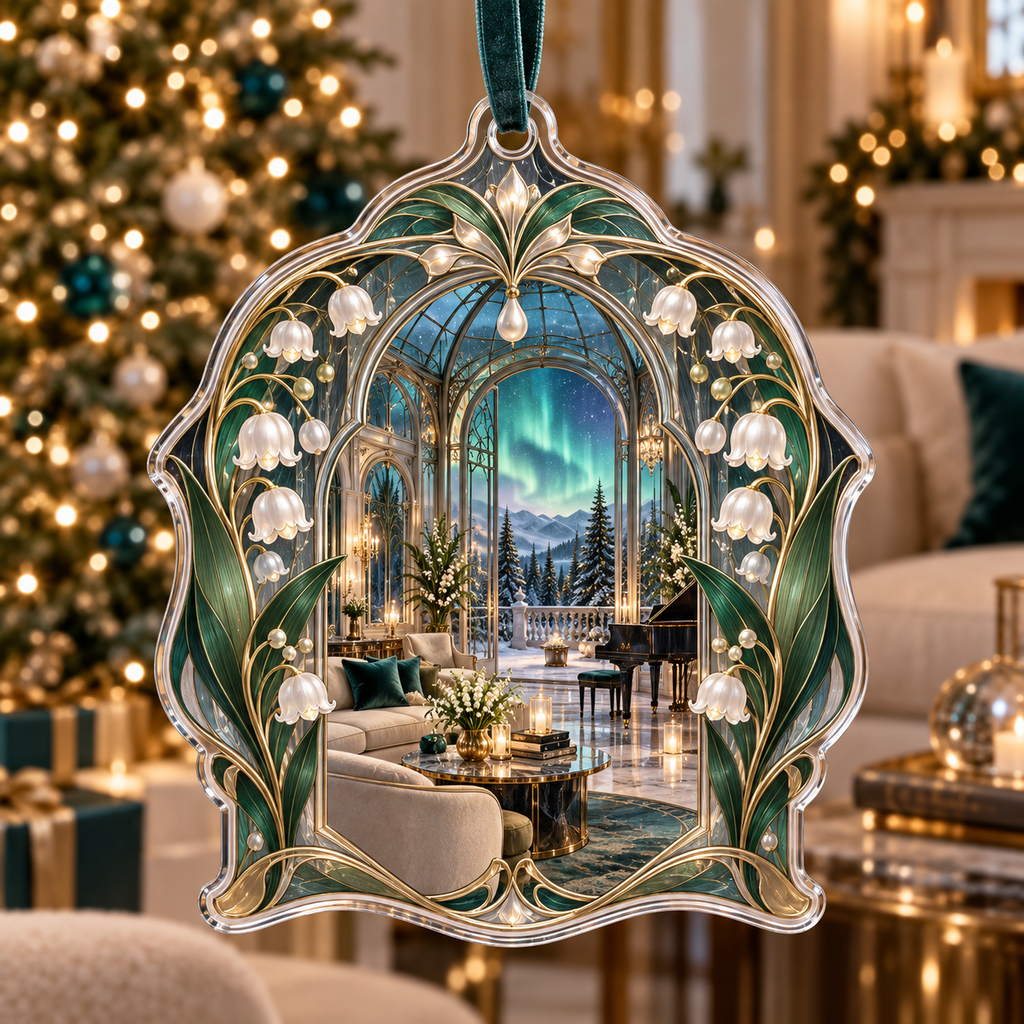 One christmas ornament with an original Moonbell Aurora Salon, dimensional moonbells, teal glass and luminous aurora-salon depth.