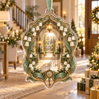 One christmas ornament with an original Moonbell Hearthglass Welcome, dimensional moonbells, amber lanterns and luminous welcome-courtyard depth.