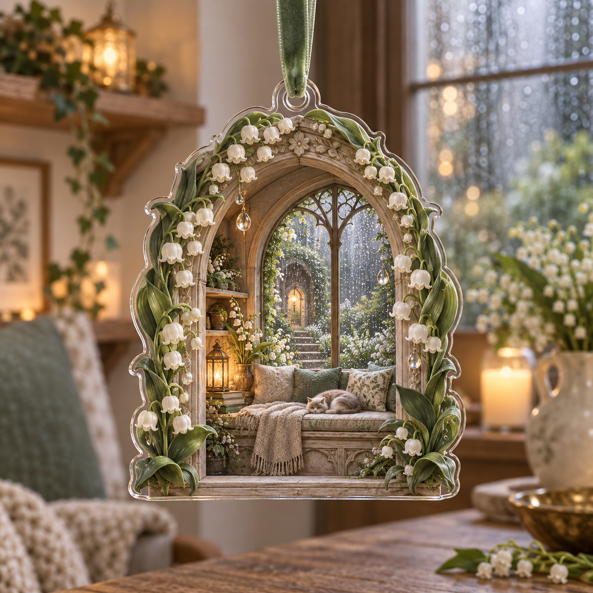 One christmas ornament with an original Moonbell Whisperglass Alcove, dimensional moonbells, opaline droplets and luminous reading-alcove depth.