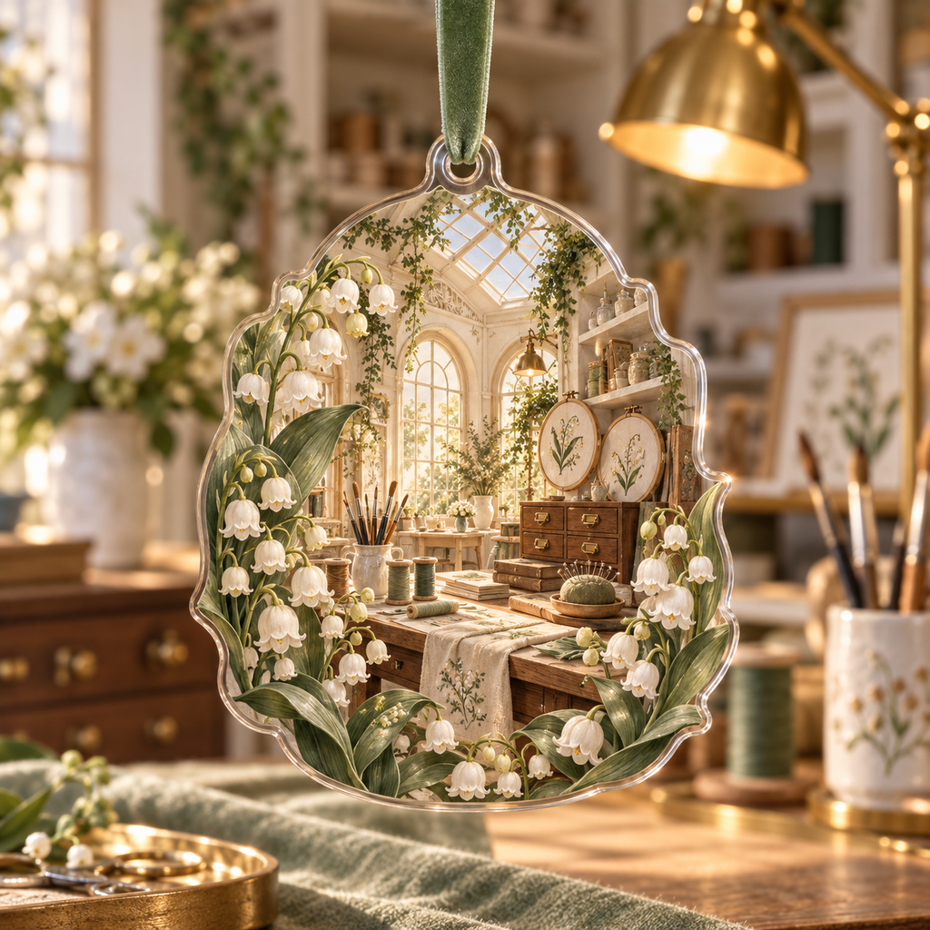 One christmas ornament with an original Moonbell Atelier Identity, dimensional moonbells, organized creative tools and luminous atelier depth.