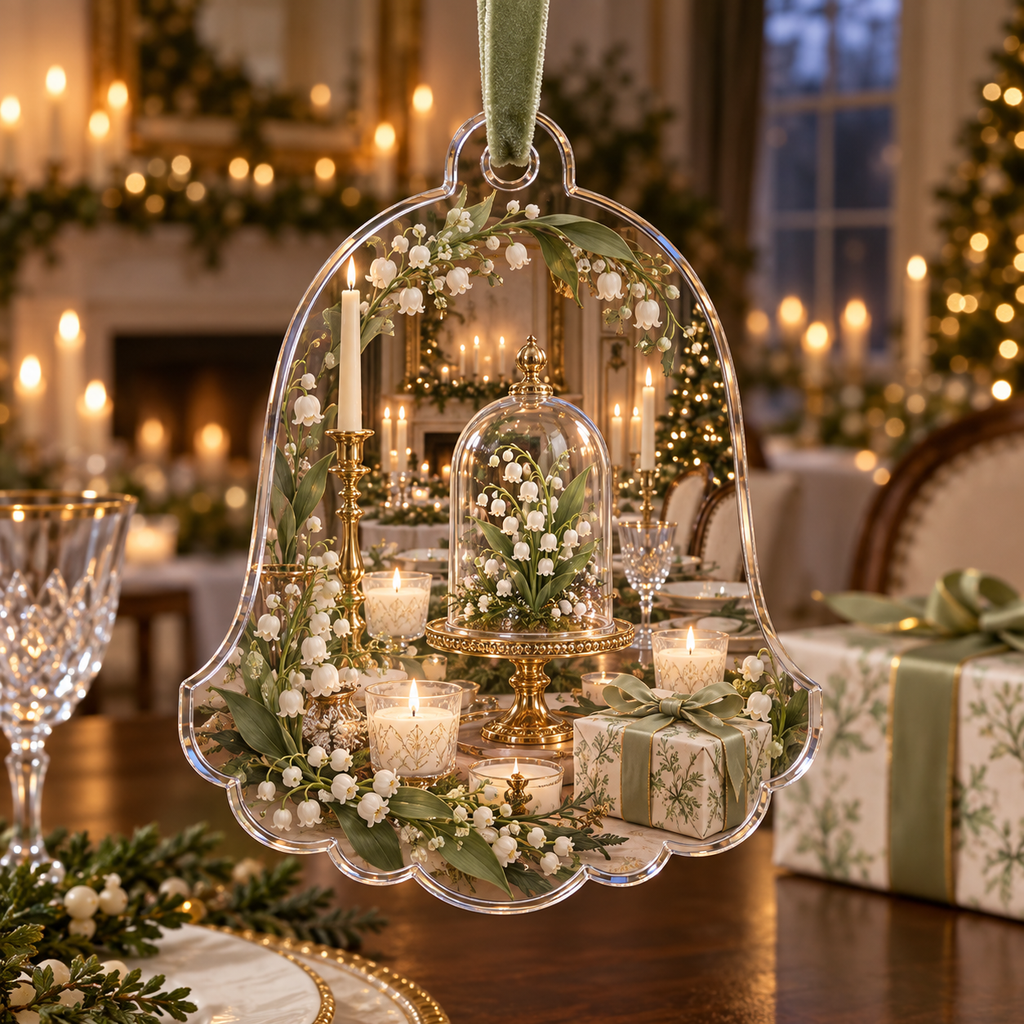 One christmas ornament with an original Moonbell Gratitude Supper, dimensional moonbells, glass keepsakes and candlelit hospitality depth.