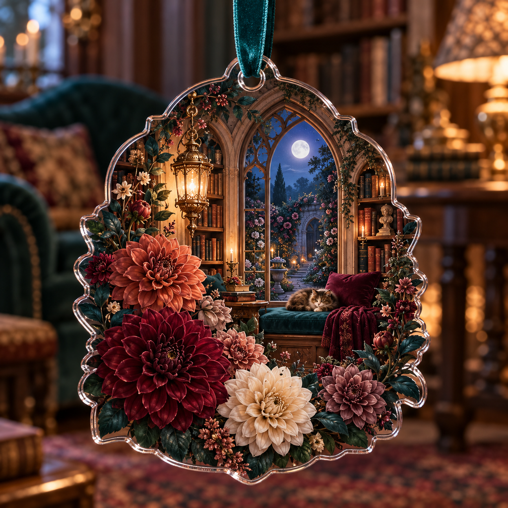 One christmas ornament with an original Dahlia Lantern Library, dimensional dahlias, arched bookshelves and moonlit library depth.